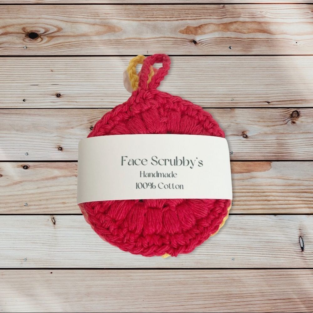 Hand Crafted Crochet Puff Face Scrubby’s 4 Pack Hook Handle Red white pink gold